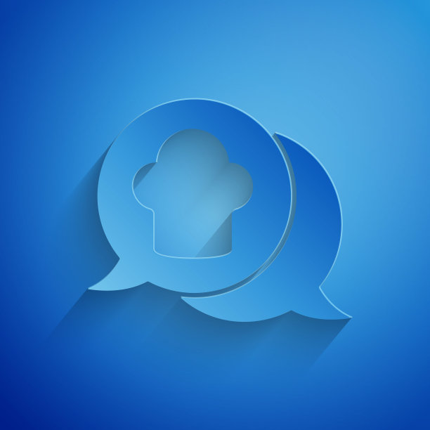 剪纸厨师帽在语音气泡图标孤立在蓝色背景。烹饪的象征。厨师的帽子。纸艺术风格。向量图片下载