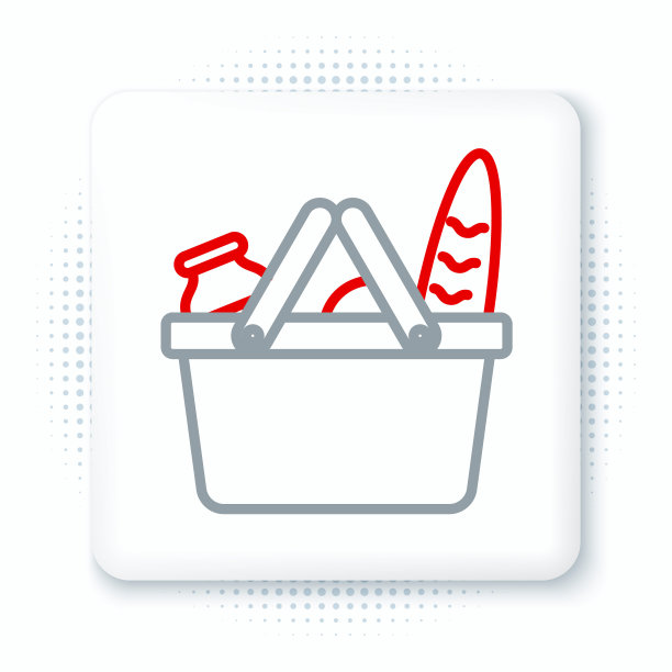 购物篮和食品图标孤立在白色背景。食品商店,超市。色彩斑斓的轮廓的概念。向量图片下载