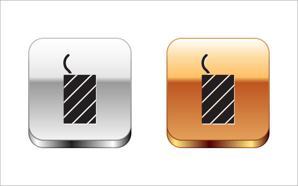 黑色烟花火箭图标孤立在白色背景。趣味派对的概念。爆炸性的烟火的象征。金银平方按钮。向量图片下载