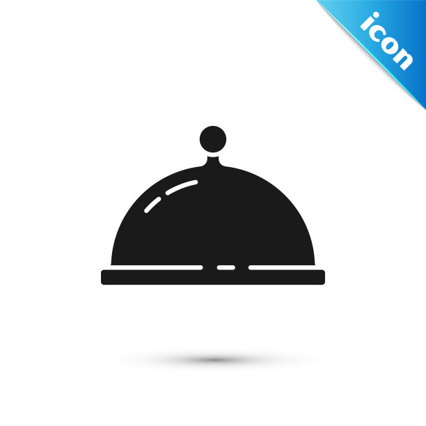 灰色覆盖托盘食物图标孤立在白色背景。托盘和盖子。带有盖子的餐厅钟摆。厨房用具的象征。向量图片下载