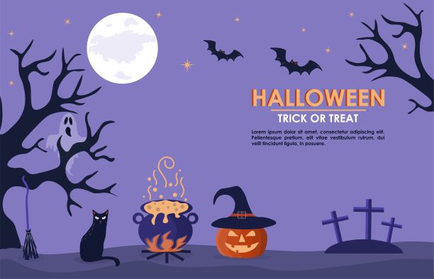 万圣节的横幅和大锅，橙色的南瓜在帽子和一只猫。阴森森林里的满月之夜。带有万圣节属性和文本位置的矢量背景。为了一张卡片或请柬。素材图片