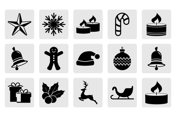 一套圣诞模板。图标的集合。鹿、圣诞球、雪橇、铃铛、蜡烛、糖果、礼物等。illlustration向量股票。每股收益10图片下载