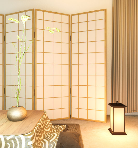 客厅榻榻米地板日式隔断纸木设计。三维渲染图片下载