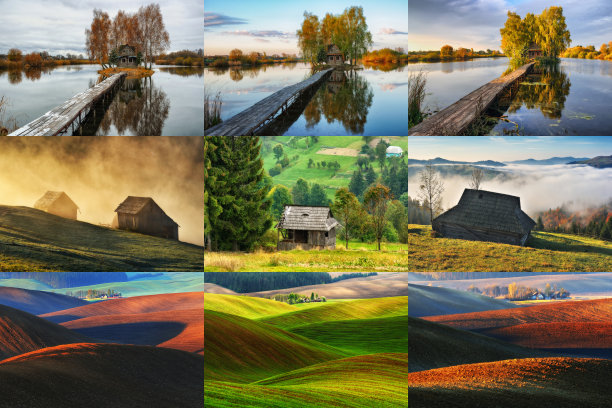 在美丽地点的房子的照片收集。以孤独房屋为主题的拼贴画。房子在一个安静的风景如画的地方图片下载
