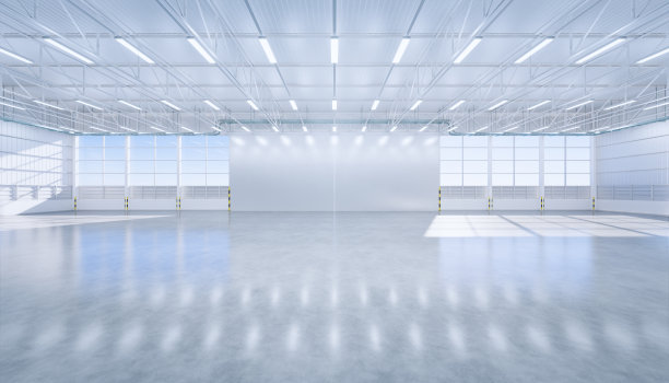 大机库建筑和混凝土地板的3d渲染和打开的卷帘门透视背景，干净和新的条件。图片下载