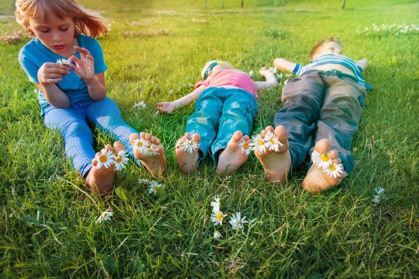 孩子们的脚和甘菊在绿色的草地上图片下载