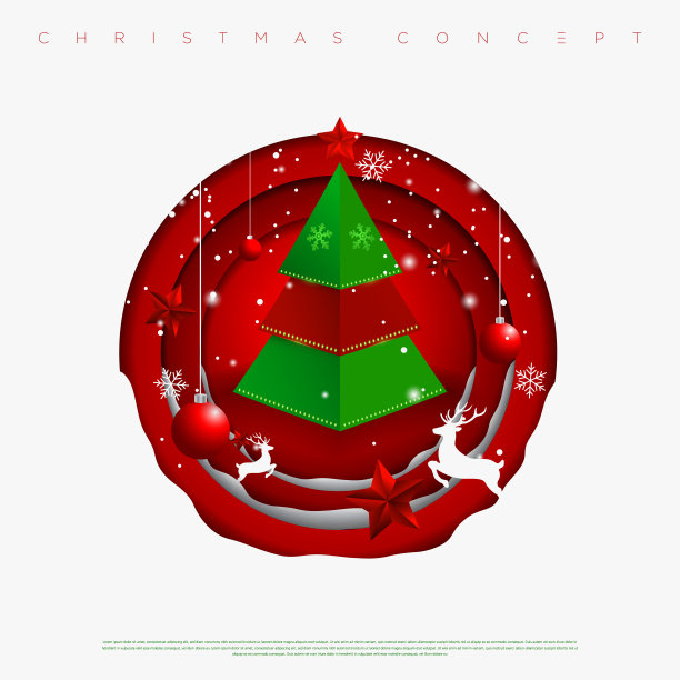 圣诞和新年快乐圈背景雪花，星星，鹿和圣诞树剪纸层。图片下载