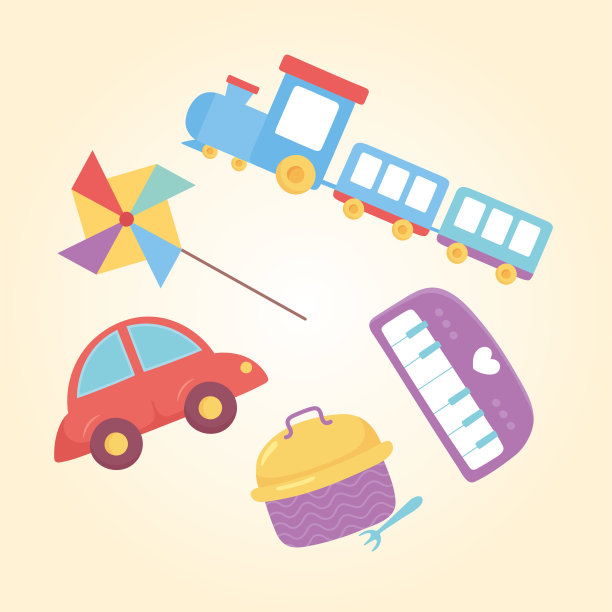 玩具对象为小孩子玩卡通火车、风车、汽车、钢琴和午餐盒图片下载