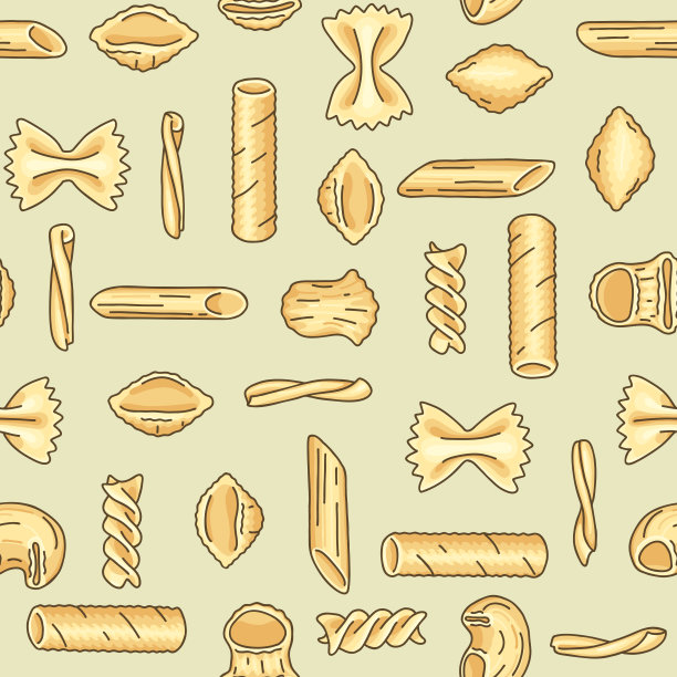 无缝模式与不同的意大利面形状和类型:farfalle, casarecce, fusilli, pipe rigate, tortiglioni, conchiglie，通心粉。图片下载