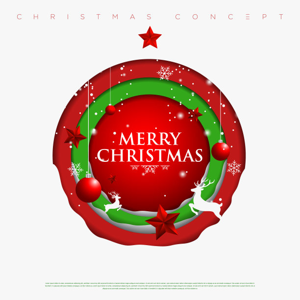 圣诞和新年快乐圈背景雪花，星星，鹿和圣诞树剪纸层。图片下载