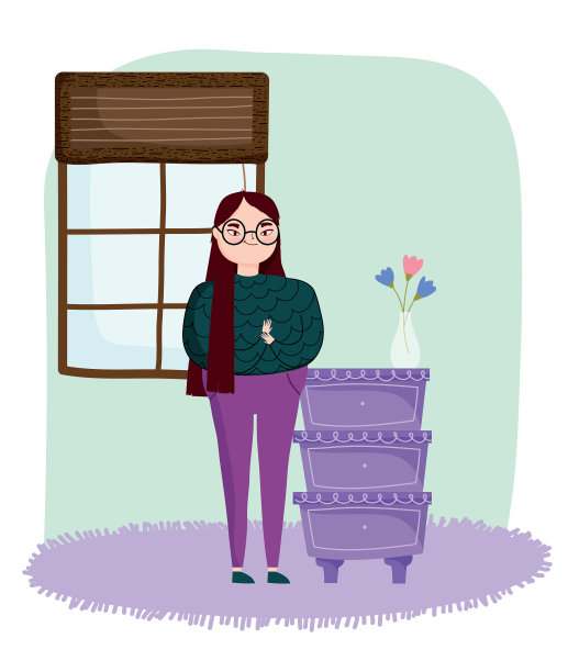 年轻女人的房间里有家具，抽屉，鲜花图片下载