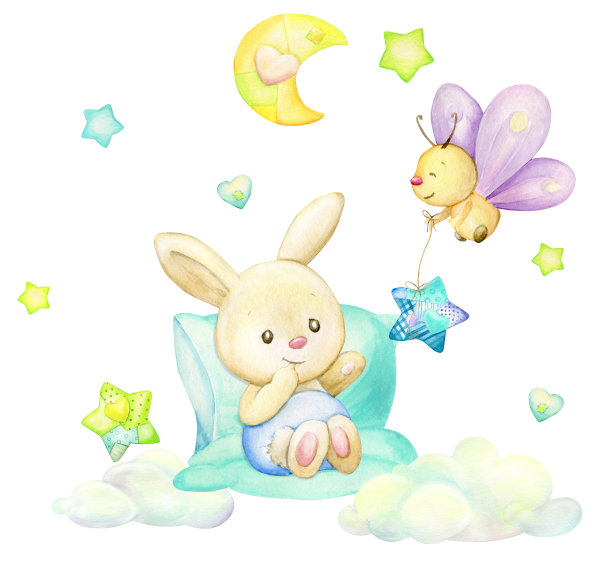兔子，蝴蝶，月亮，星星，云彩，卡通风格。水彩剪贴画在一个孤立的背景。图片下载