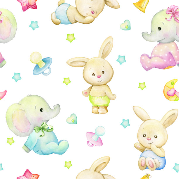 兔子，大象，星星，铃铛，乳头，月亮，心脏，卡通风格。水彩无缝模式，在一个孤立的背景。图片下载