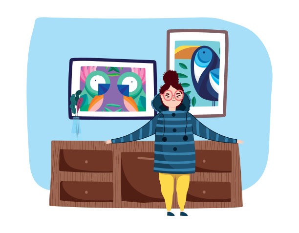 年轻女子，带着木制家具和画图片下载