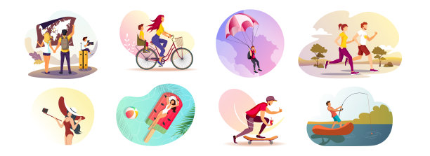 采购产品暑假，娱乐，骑自行车，运动，跑步，钓鱼，滑板，跳伞，游泳，旅游和旅游图片下载