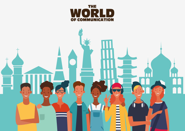 一群拥有世界地图的年轻人。沟通，团队合作和连接向量的概念。假日度假，旅行和冒险矢量插图图片下载