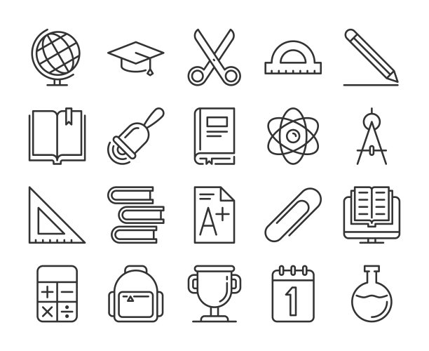 学校用品图标。回到学校线图标设置。矢量插图。可编辑的中风。图片下载