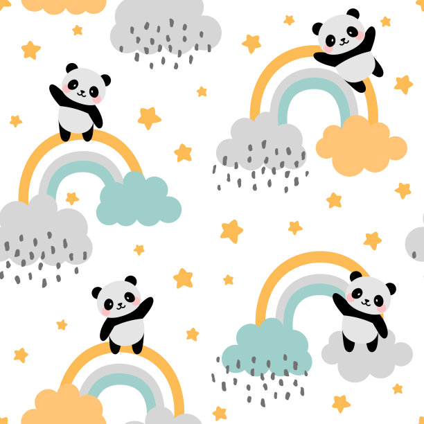 熊猫无缝图案背景，快乐可爱的熊猫在云和星星之间的天空飞行图片下载