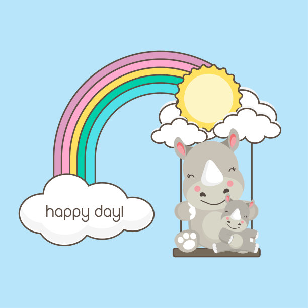 犀牛和婴儿在彩虹上荡秋千。母亲节贺卡矢量插图。图片下载