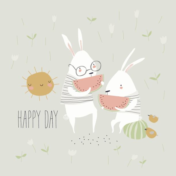 可爱的兔子在有花的草地上吃西瓜图片下载