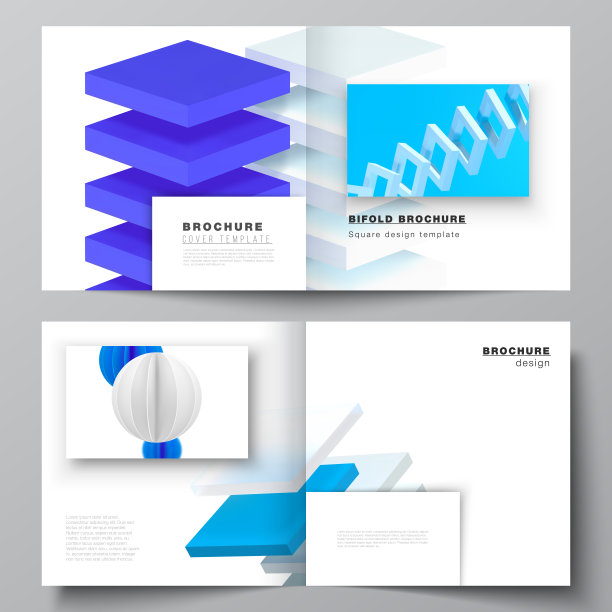 矢量布局的两个封面模板为方形双折宣传册，传单，杂志，封面设计，书籍设计，宣传册封面。三维渲染矢量合成与现实的几何蓝色形状在运动图片下载