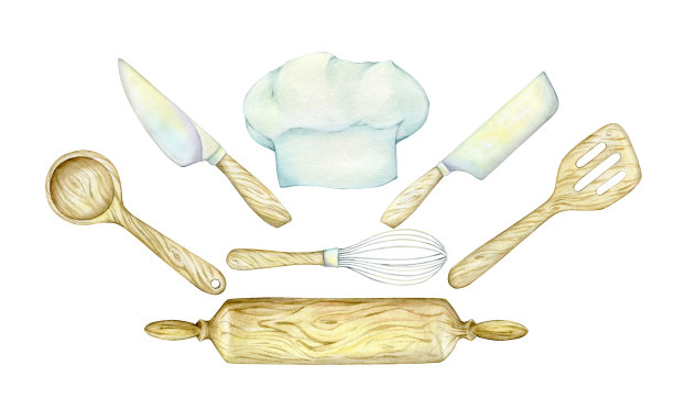 厨师帽，木器，抹刀，勺子，擀面杖，刀，搅拌器。水彩厨房用品，在一个孤立的背景。图片下载