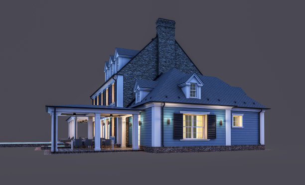 殖民风格的现代古典住宅的3d渲染，在夜晚孤立的黑色上图片下载