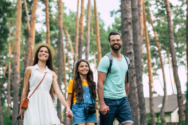 一个家庭旅行。一张半长照片，一个幸福的家庭，带着他们的行李箱和包，沿着小路走到他们在森林里的酒店，手拉着手。图片下载