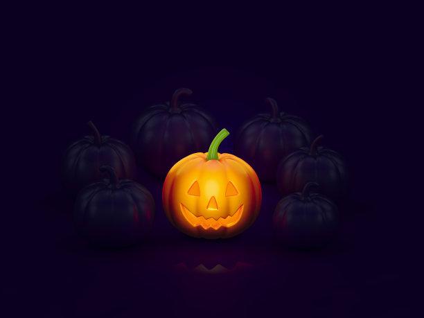 万圣节南瓜与烛光内和紫罗兰南瓜在黑暗的房间3d渲染。3d插图南瓜在晚上庆祝万圣节活动模板的最小风格概念。图片下载
