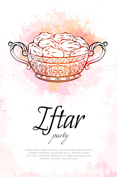 垂直卡片与彩色插图的日期在一个豪华的金色花瓶与水彩飞溅和文字的地方。为斋月卡里姆的节日款待。向量轮廓元素图片下载
