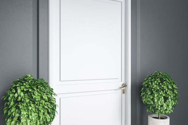 白色的门在灰色的房间有两株植物图片下载