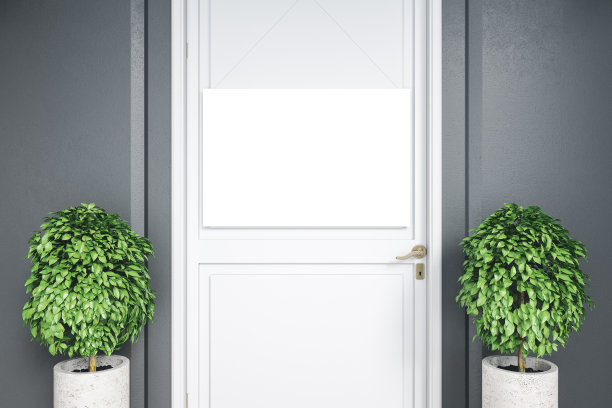 房间的白色门，空白海报和两株植物。图片下载