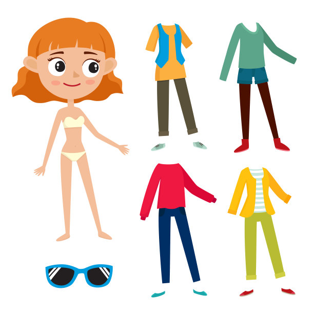 纸娃娃的女孩和潮人衣服孤立在白色。图片下载