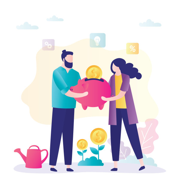 夫妇俩在存钱罐里存钱。团队投资创业项目。概念启动资金图片下载