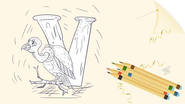 插图布局横幅英文字母学习字母V秃鹰纸轮廓用彩色铅笔涂鸦图片下载