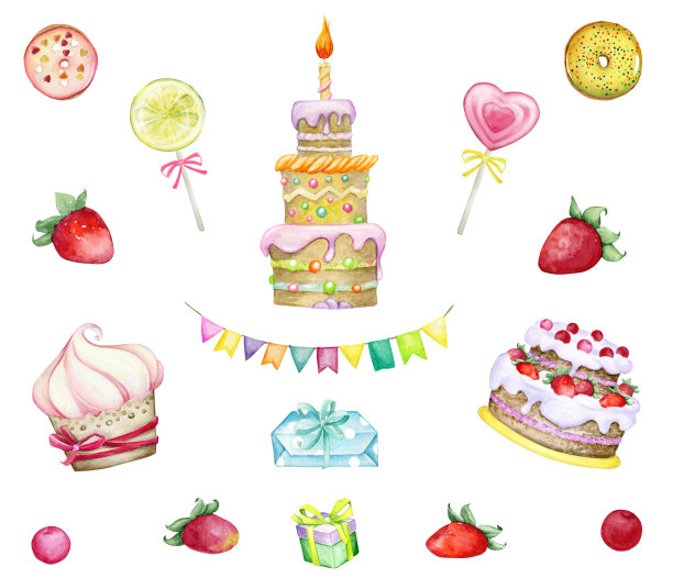 蛋糕，巧克力蛋糕，焦糖，甜甜圈，草莓，樱桃，旗子，礼物。水彩画，一组物体和糖果的手工绘制，在一个孤立的背景。图片下载