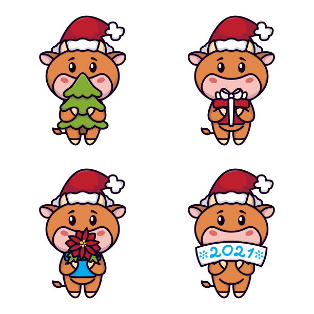 牛年快乐，奶牛与 spruce tree、礼品、一品红花新年圣诞贺卡矢量素材。2021中国生肖图片下载