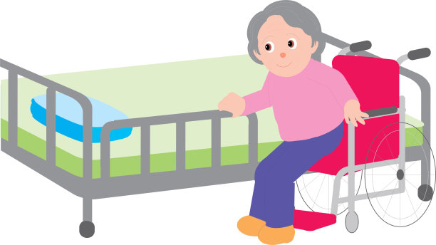 一个老妇人从轮椅上站起来的矢量插图。图片下载