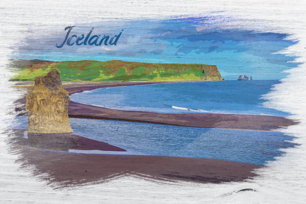 冰岛黑色海滩上的大岩石，水彩画图片下载