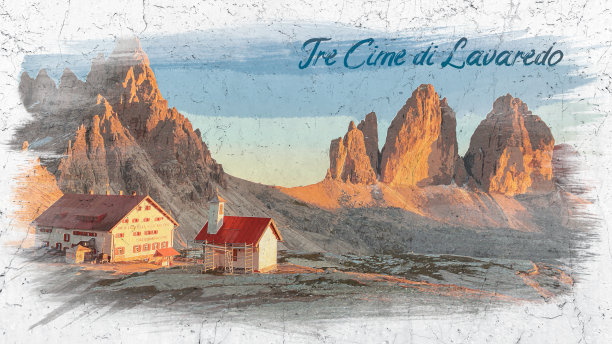 全景图Dreizinnen Hut和Tre cme，白云石，水彩画图片下载