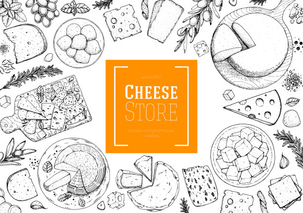 奶酪设计模板。手绘草图。复古的食品背景。不同的奶酪种类的横幅。乳制品，农产品，奶酪。图片下载