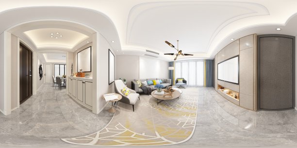 360度现代客厅和餐厅。3D渲染。图片下载