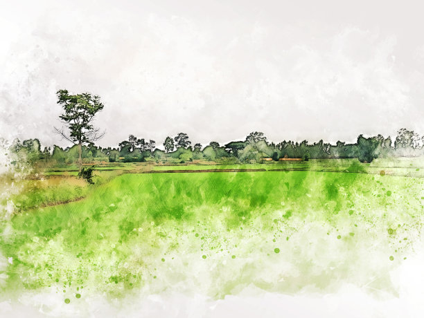 抽象彩色形状上的树和田野风景水彩插图绘画背景。图片下载