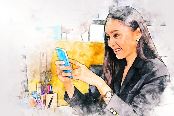 摘要年轻的女商务秘书工作在书桌上的水彩插画画的背景。图片下载