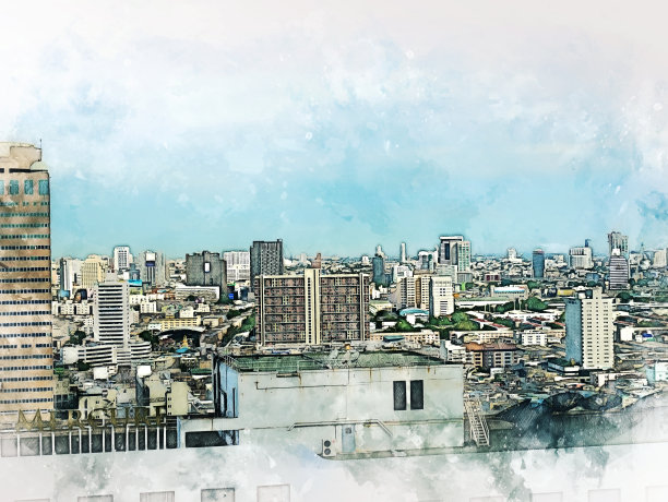 抽象办公楼以城市建筑为背景绘制水彩画。城市上的数字插画刷艺术。图片下载