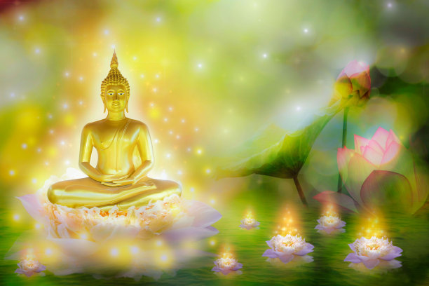 佛像水莲花佛站在莲花上在橙色的背景。图片下载