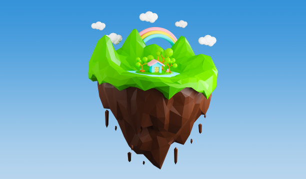 色彩柔和的房子和树的3d渲染幻想浮动岛与彩虹在绿色草地的背景抽象。粉红色甜蜜的家在天空的云。超现实的漂浮景观天堂。图片下载