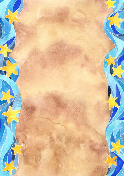 水波和黄色星星与棕色背景水彩手绘装饰童话概念和圣诞晚会。图片下载