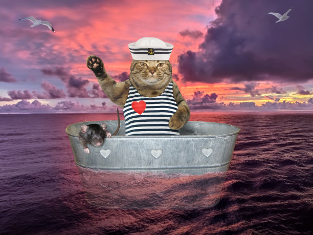 猫和老鼠在洗衣盆里漂流图片下载