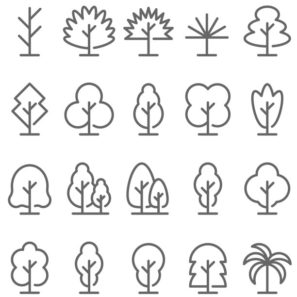 树图标设置矢量插图。包含植物，植物学，椰子，森林，自然，花园等图标。扩大中风图片下载